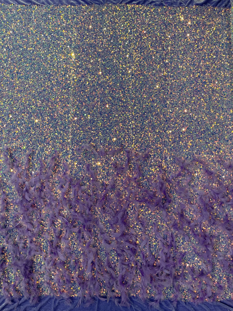 Feather Sequin Velvet Fabric - Clear Iridescent on Lilac - 5mm Sequins Velvet 2 Way Stretch 58/60" Fabric By Yard