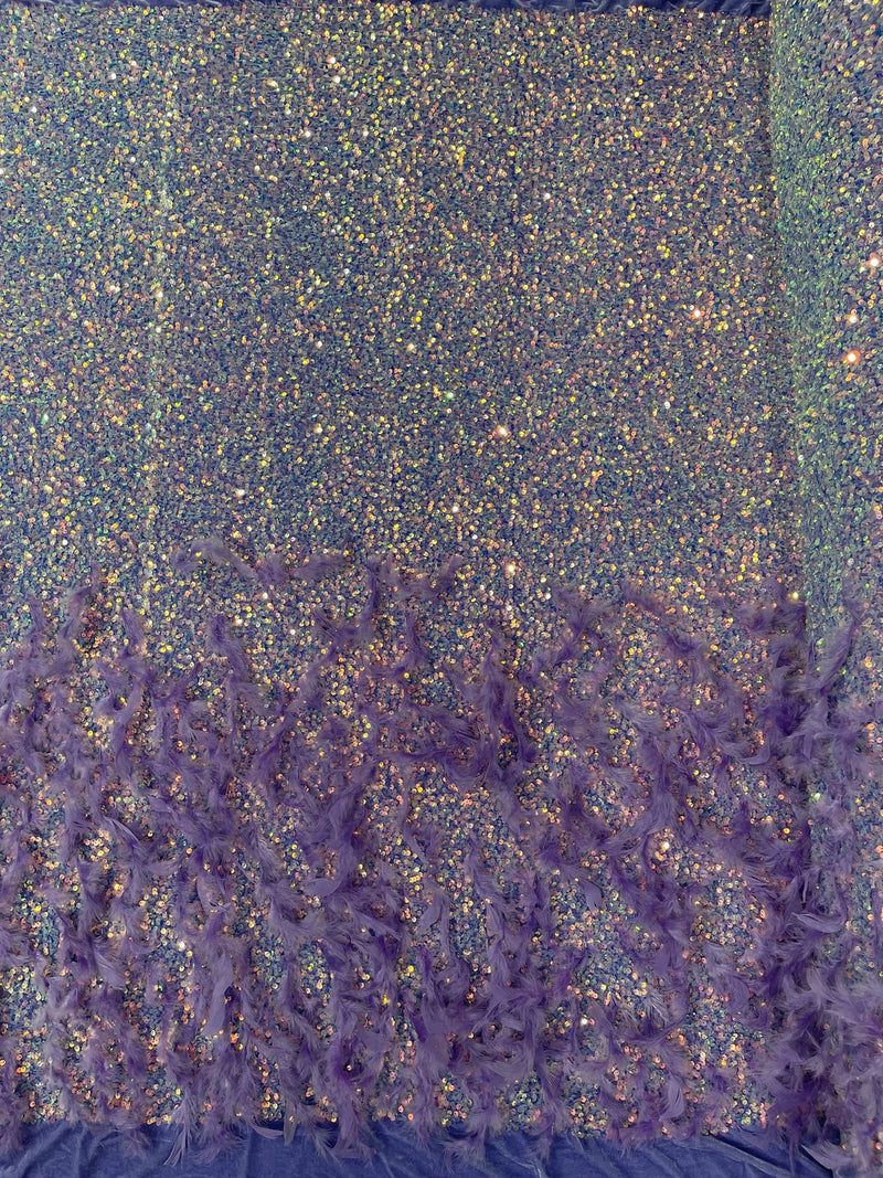 Feather Sequin Velvet Fabric - Clear Iridescent on Lilac - 5mm Sequins Velvet 2 Way Stretch 58/60" Fabric By Yard