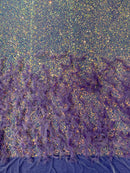 Feather Sequin Velvet Fabric - Clear Iridescent on Lilac - 5mm Sequins Velvet 2 Way Stretch 58/60" Fabric By Yard