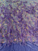 Feather Sequin Velvet Fabric - Clear Iridescent on Lilac - 5mm Sequins Velvet 2 Way Stretch 58/60" Fabric By Yard
