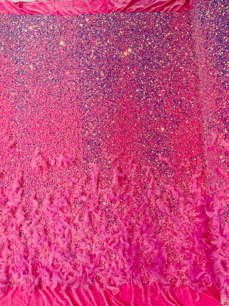 Feather Sequin Velvet Fabric - Clear Iridescent on Hot Pink - 5mm Sequins Velvet 2 Way Stretch 58/60" Fabric By Yard