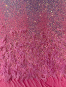 Feather Sequin Velvet Fabric - Clear Iridescent on Hot Pink - 5mm Sequins Velvet 2 Way Stretch 58/60" Fabric By Yard