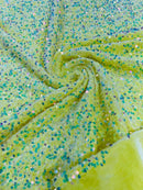 58/60" Velvet Sequins Stretch Fabric - Clear on Yellow Iridescent - Velvet Sequins 2 Way Stretch Sold By Yard