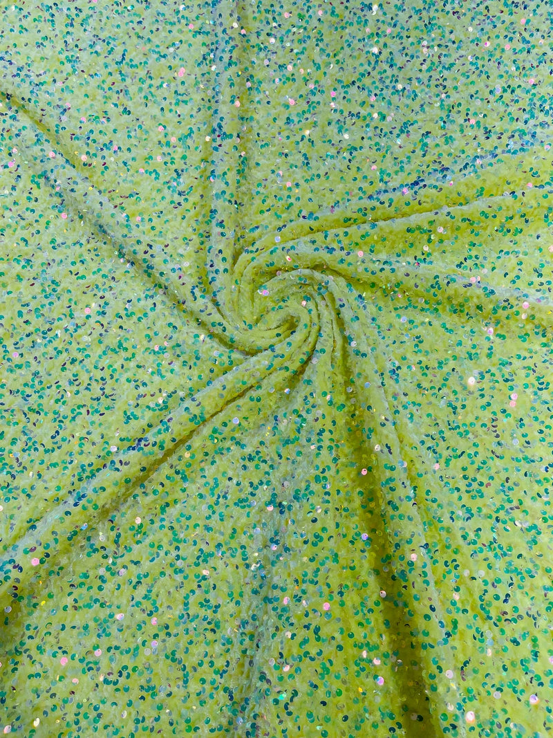 58/60" Velvet Sequins Stretch Fabric - Clear on Yellow Iridescent - Velvet Sequins 2 Way Stretch Sold By Yard