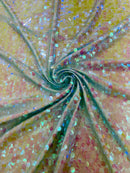 Circle Paillette Sequins - Iridescent Clear Mint - Large Round Paillette Sequins Design Fabric By Yard