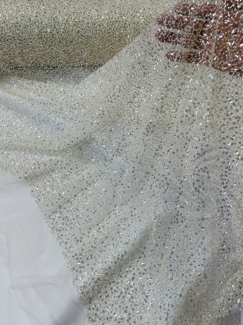 Beaded Sequins Pearl Fabric - Clear on Off-White -  Embroidered Pearl Beads and Sequins on Lace By Yard