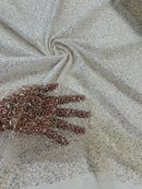 Beaded Sequins Pearl Fabric - Clear on Off-White -  Embroidered Pearl Beads and Sequins on Lace By Yard