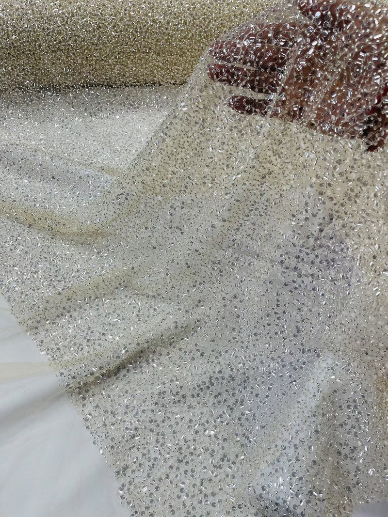 Beaded Sequins Pearl Fabric - Clear on Beige -  Embroidered Pearl Beads and Sequins on Lace By Yard