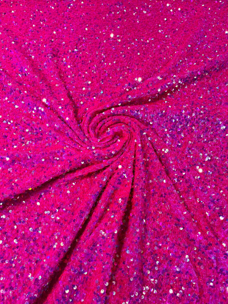 58/60" Velvet Sequins Stretch Fabric - Clear on Hot Pink  - Velvet Sequins 2 Way Stretch Sold By Yard