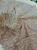 58/60" Velvet Sequins Stretch Fabric - Clear Iridescent on Light Pink