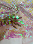 Circle Paillette Sequins - Iridescent Clear Pink - Large Round Paillette Sequins Design Fabric By Yard