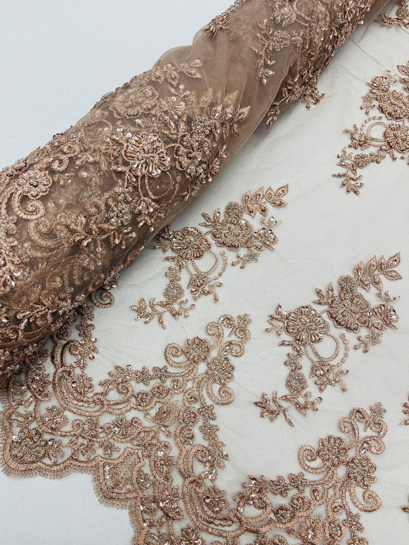 Floral Cluster Beaded Fabric - Coffee - Embroidered Flower Beaded Fabric Sold By Yard