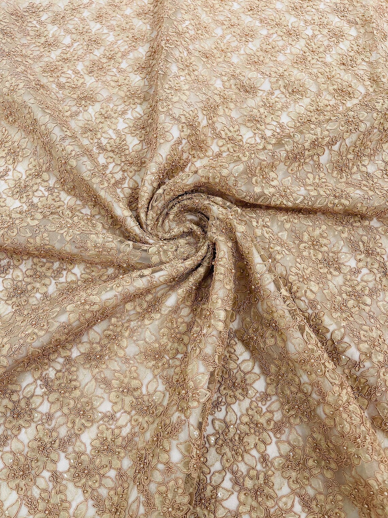 Pearls and Sequins Floral Fabric - Coffee - Embroidered Beaded Sequins Fabric Lace By Yard