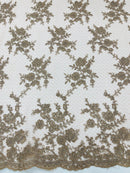 Floral Cluster Corded Fabric - Coffee - Fancy Flower Embroidery Lace Mesh Fabric By Yard