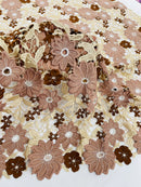 Multi-Color Guipure Lace Fabric - Coffee  - Floral Lace Fabric Sold by The Yard