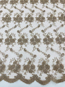 Jasmine Flower Fabric - Coffee - Embroidered Floral Design Lace Mesh Bridal Fabric By Yard