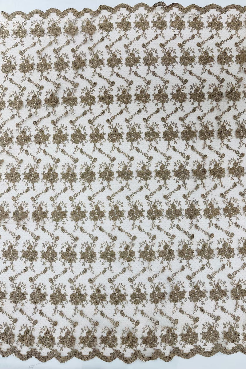 Jasmine Flower Fabric - Coffee - Embroidered Floral Design Lace Mesh Bridal Fabric By Yard