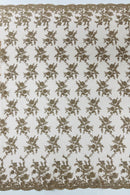 Floral Cluster Corded Fabric - Coffee - Fancy Flower Embroidery Lace Mesh Fabric By Yard