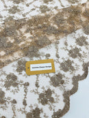Jasmine Flower Fabric - Coffee - Embroidered Floral Design Lace Mesh Bridal Fabric By Yard