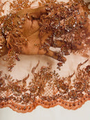 Tauros Beaded Design - Copper - Floral Beads and Sequins Embroidered on a Mesh Sold By Yard