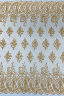 Metallic Paisley Floral Lace - Copper - Corded Floral Lace with Metallic Thread on Mesh By Yard