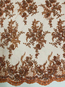 Tauros Beaded Design - Copper - Floral Beads and Sequins Embroidered on a Mesh Sold By Yard