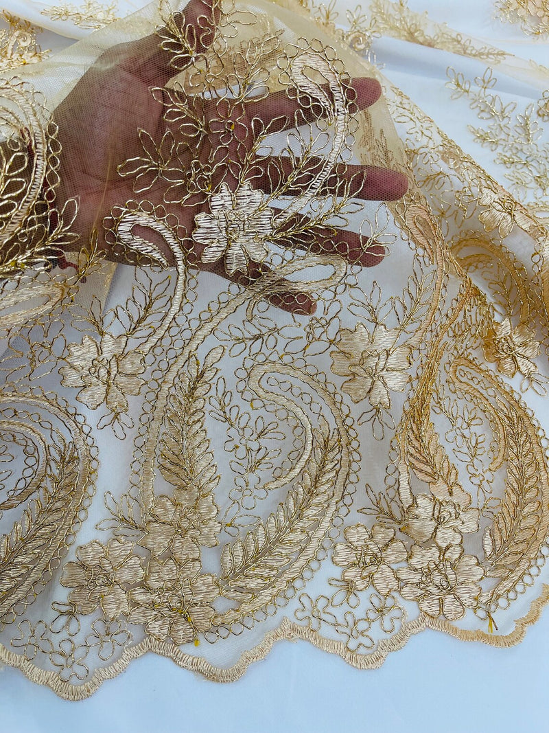 Metallic Paisley Floral Lace - Copper - Corded Floral Lace with Metallic Thread on Mesh By Yard