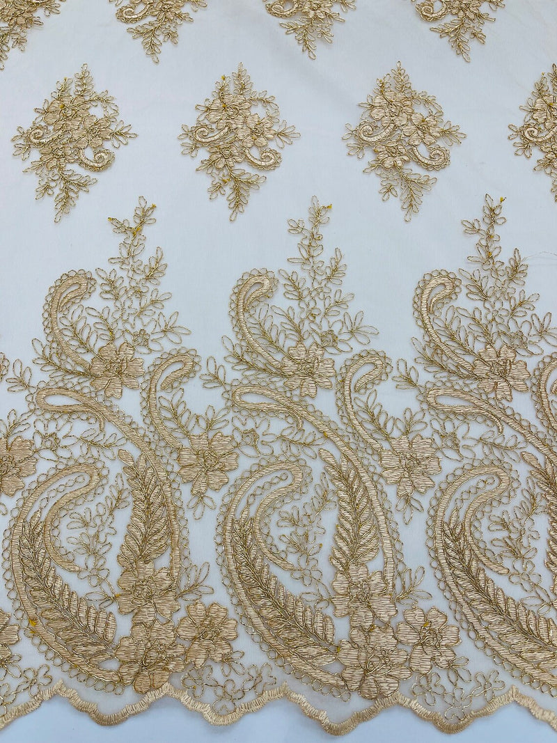 Metallic Paisley Floral Lace - Copper - Corded Floral Lace with Metallic Thread on Mesh By Yard