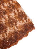 Tauros Beaded Design - Copper - Floral Beads and Sequins Embroidered on a Mesh Sold By Yard