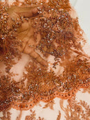 Tauros Beaded Design - Copper - Floral Beads and Sequins Embroidered on a Mesh Sold By Yard