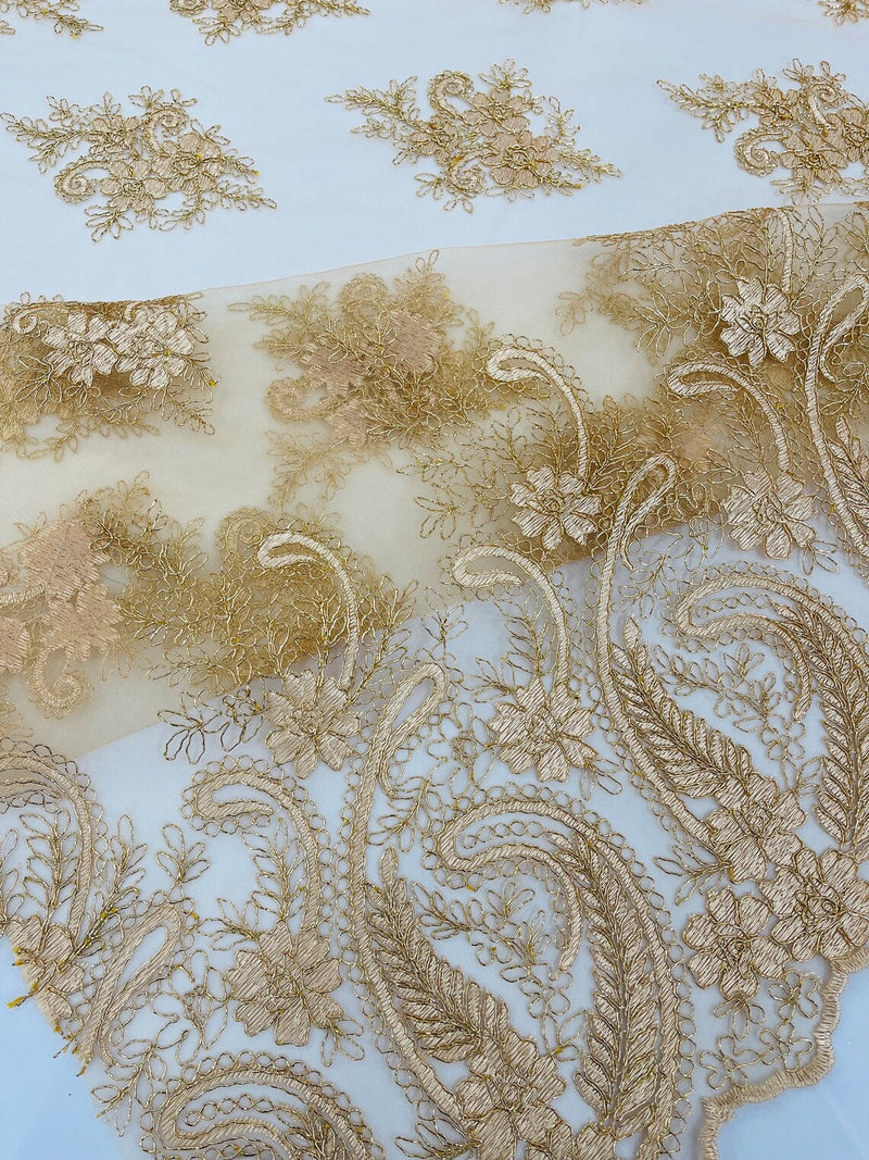 Metallic Paisley Floral Lace - Copper - Corded Floral Lace with Metallic Thread on Mesh By Yard