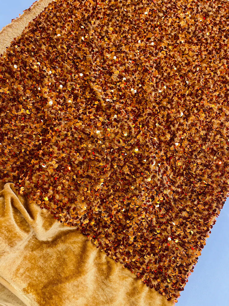 58/60" Velvet Sequins Stretch Fabric - Copper - Velvet Sequins 2 Way Stretch By Yard