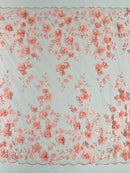 Floral 3D Pearl Fabric - Coral Pink - Embroidered Double Border Flower Design Pearl Fabric By Yard