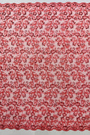 Floral Sequins Corded Fabric - Coral - Lace Sequins Fabric in Floral Pattern Sold By Yard