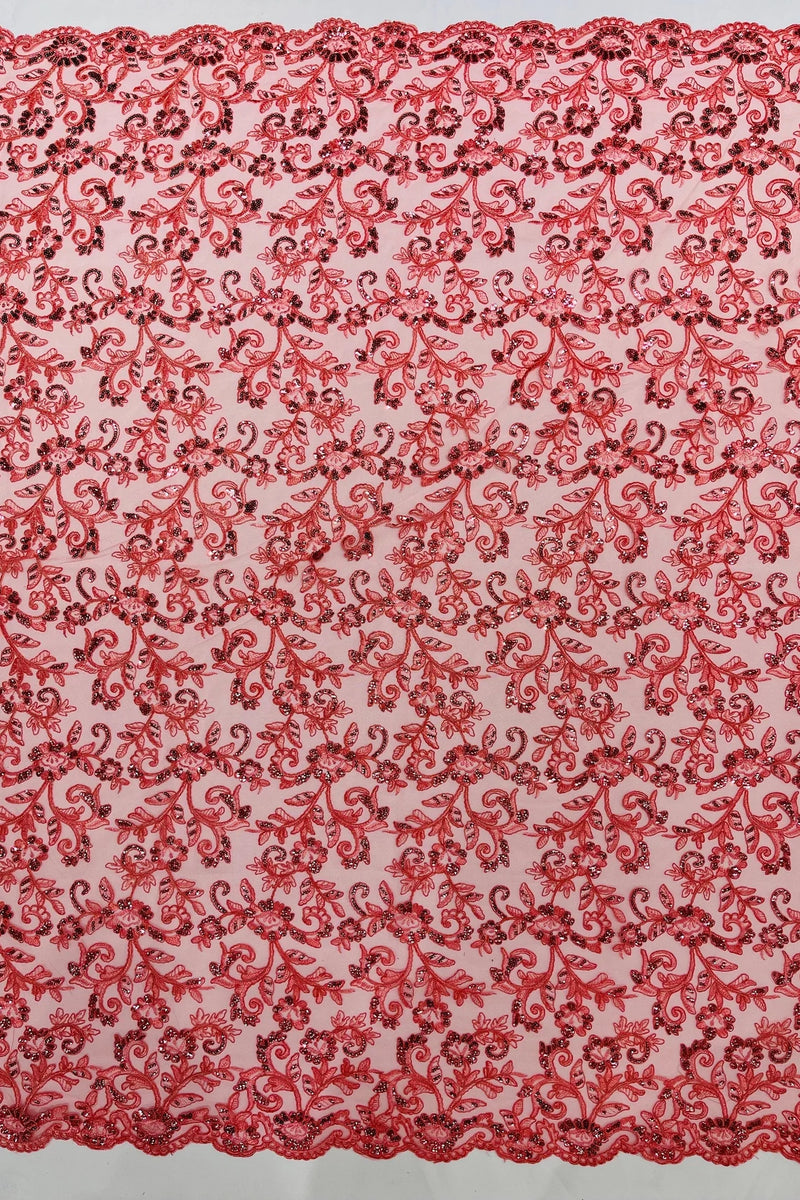 Floral Sequins Corded Fabric - Coral - Lace Sequins Fabric in Floral Pattern Sold By Yard