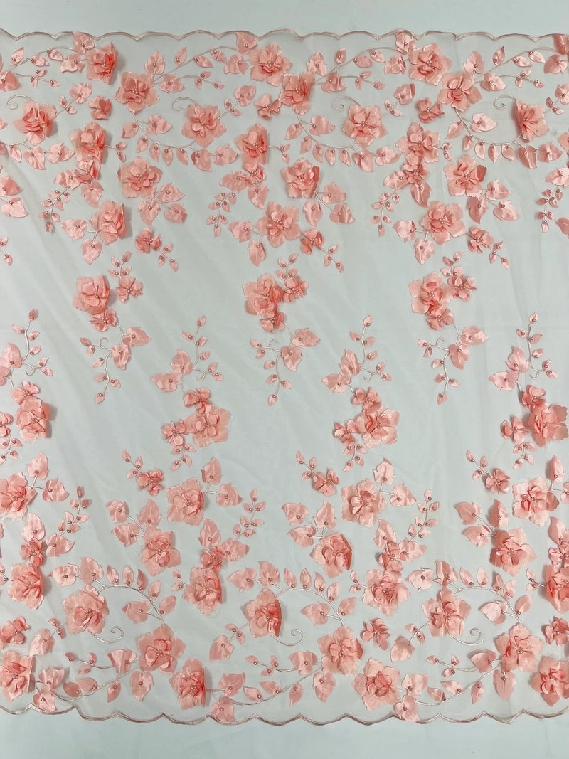 Floral 3D Pearl Fabric - Coral Pink - Embroidered Double Border Flower Design Pearl Fabric By Yard