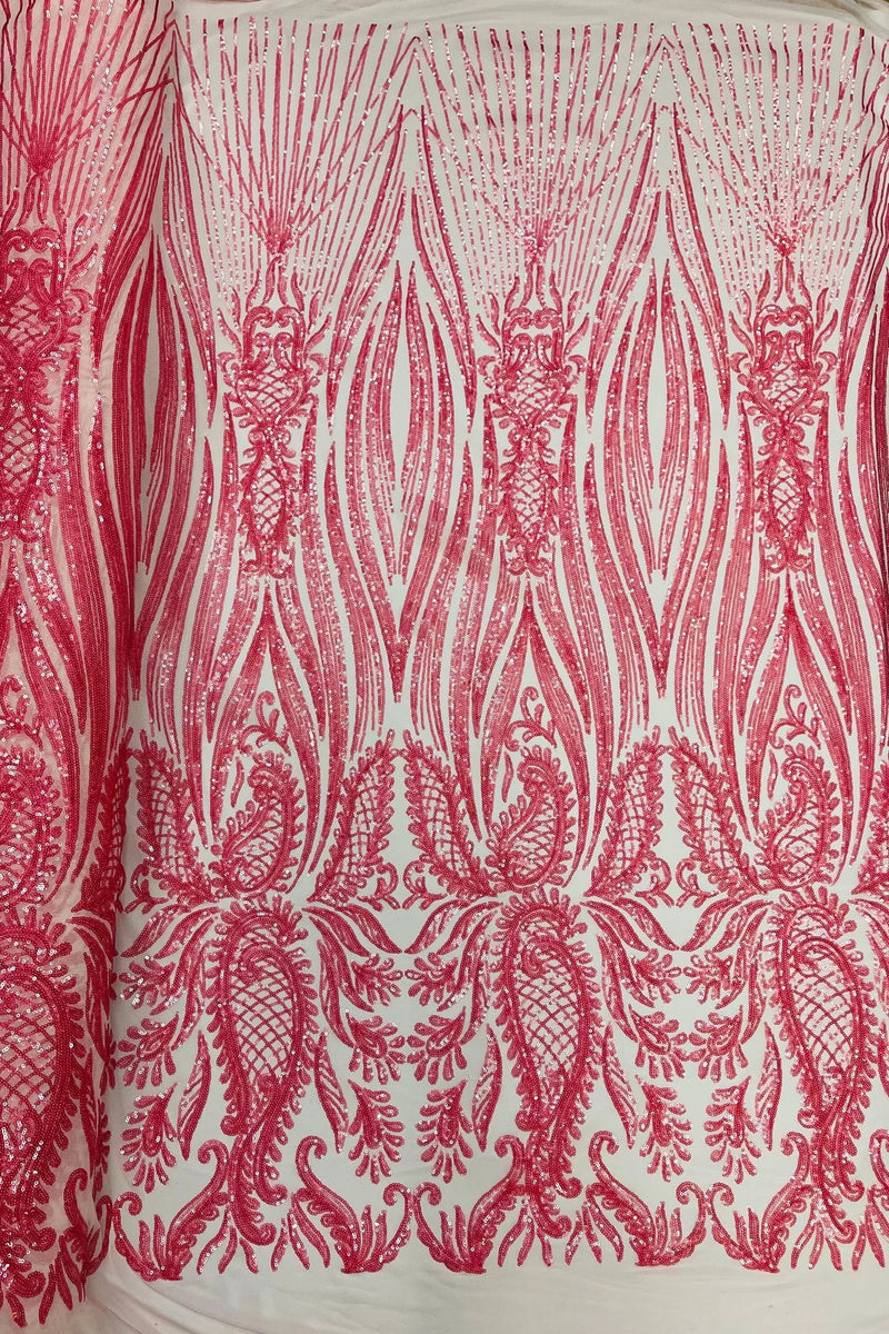 Paisley Lines Sequin Fabric - Coral Pink - 4 Way Stretch Fancy Fabric By The Yard