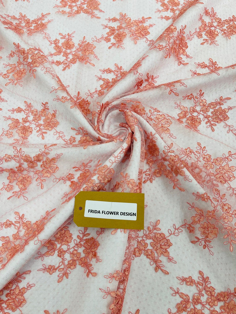 Floral Cluster Corded Fabric - Coral - Fancy Flower Embroidery Lace Mesh Fabric By Yard