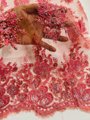 Beaded Rhinestone Fabric - Coral - Floral Rhinestone Beaded Design with Fancy Border Sold By Yard