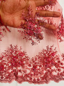 Floral Beaded Gaviota Fabric - Coral - Beaded Floral Design Embroidered On Mesh Sold By Yard