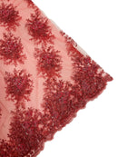 Floral Beaded Gaviota Fabric - Coral - Beaded Floral Design Embroidered On Mesh Sold By Yard