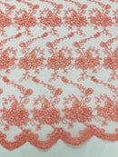 Jasmine Flower Fabric - Coral - Embroidered Floral Design Lace Mesh Bridal Fabric By Yard