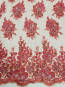 Beaded Rhinestone Fabric - Coral - Floral Rhinestone Beaded Design with Fancy Border Sold By Yard