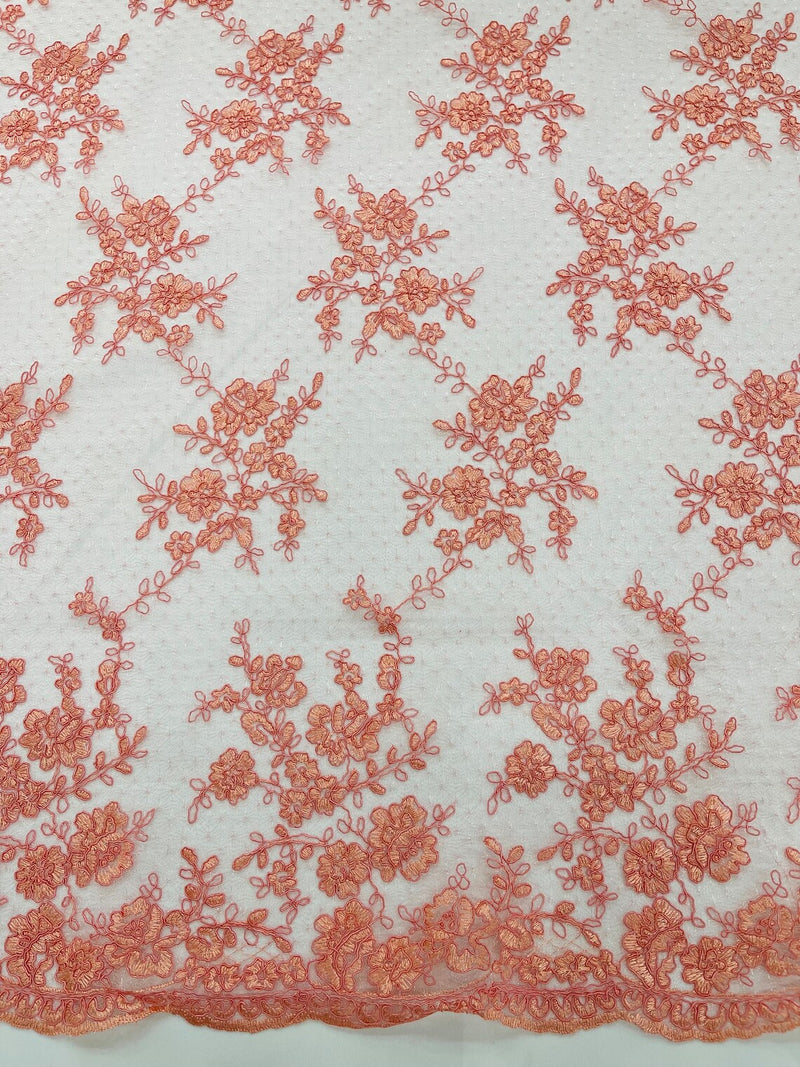 Floral Cluster Corded Fabric - Coral - Fancy Flower Embroidery Lace Mesh Fabric By Yard