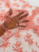 Floral Cluster Corded Fabric - Coral - Fancy Flower Embroidery Lace Mesh Fabric By Yard