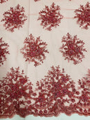 Floral Beaded Gaviota Fabric - Coral - Beaded Floral Design Embroidered On Mesh Sold By Yard