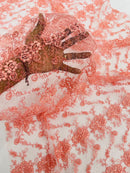 Jasmine Flower Fabric - Coral - Embroidered Floral Design Lace Mesh Bridal Fabric By Yard