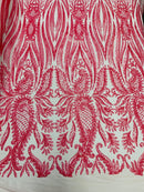 Paisley Lines Sequin Fabric - Coral Pink - 4 Way Stretch Fancy Fabric By The Yard