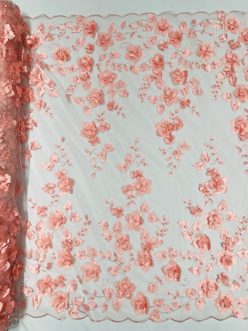 Floral 3D Pearl Fabric - Coral Pink - Embroidered Double Border Flower Design Pearl Fabric By Yard