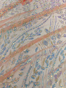 Beaded Iridescent Leaf Design - Clear on Coral - Leaf Sequins Bead Design Mesh Fabric by yard